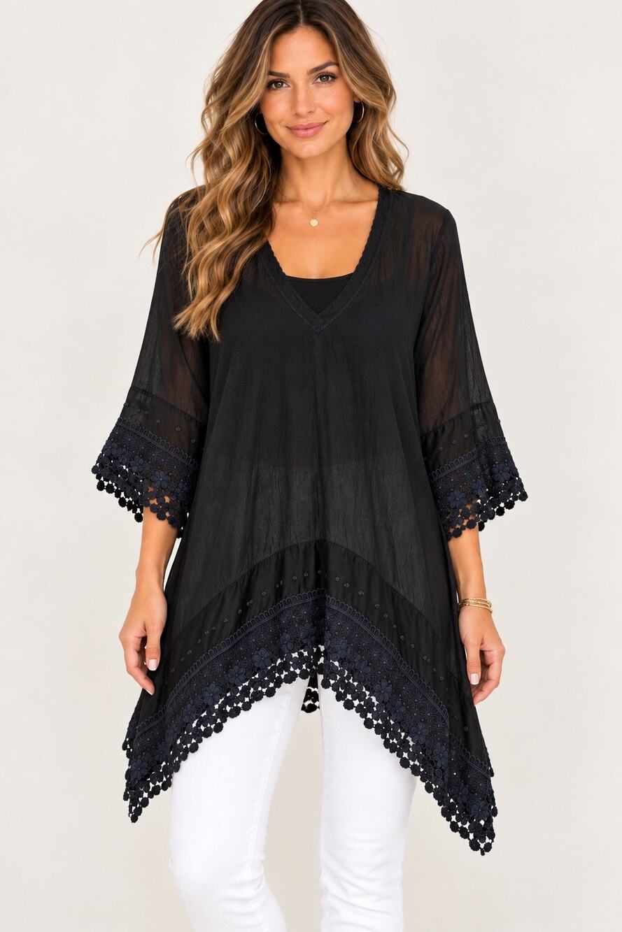 Johnny Was Floral Lace Trim Tunic Top Black Medium Handkerchief Hem Boho Whimsy